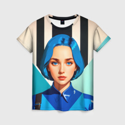 Женская футболка 3D Девушка в рубашке с синими волосами