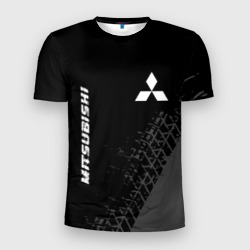 Мужская футболка 3D Slim Mitsubishi Speed на темном фоне со следами шин: надпись, символ