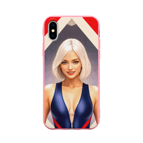 Чехол для iPhone X матовый с принтом Девушка блондинка в спортивном костюме, вид спереди #2