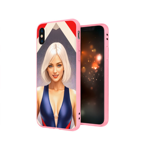 Чехол для iPhone X матовый с принтом Девушка блондинка в спортивном костюме, вид сбоку #3