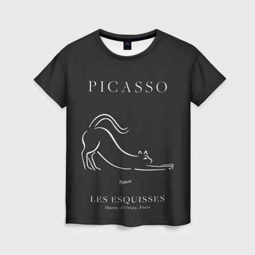 Женская футболка с принтом Кот на черном - Пабло Пикассо, вид спереди №1