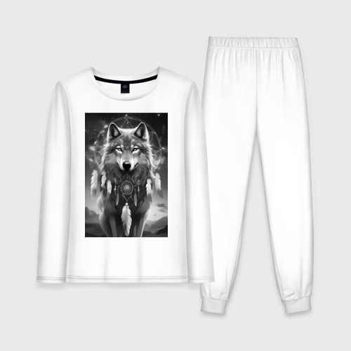 Женская пижама с лонгсливом хлопок Шаман волк, цвет белый