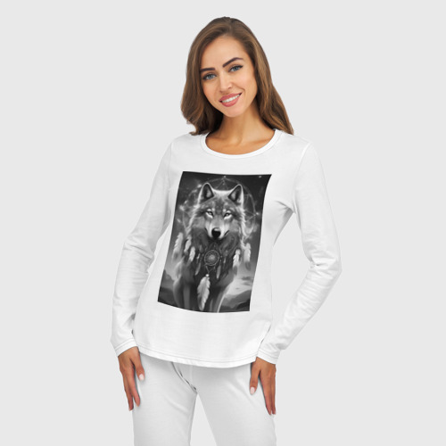 Женская пижама с лонгсливом хлопок Шаман волк, цвет белый - фото 5