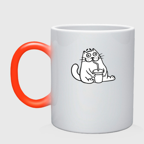 Кружка хамелеон с принтом Drinking cat, вид спереди #2
