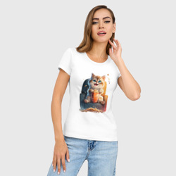 Женская футболка хлопок Slim Веселый котик с попкорном - фото 2