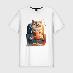 Мужская футболка хлопок Slim Веселый котик с попкорном