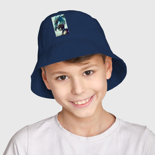 Детская панама хлопок с принтом Девчонка в шлеме и дракон - Киберпанк, фото на моделе #1