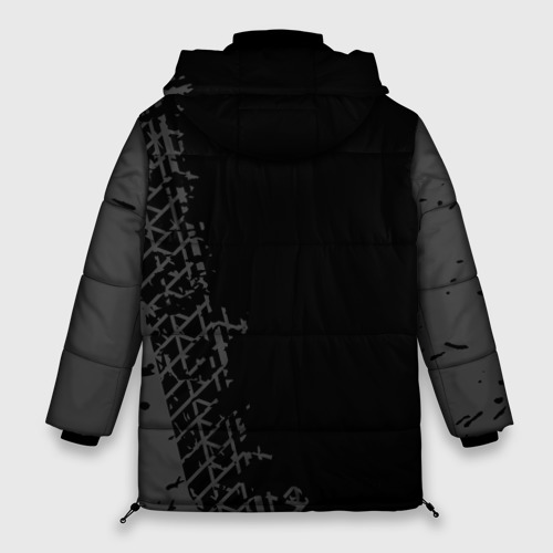 Женская зимняя куртка 3D с принтом Chery speed на темном фоне со следами шин: по-вертикали, вид сзади #1