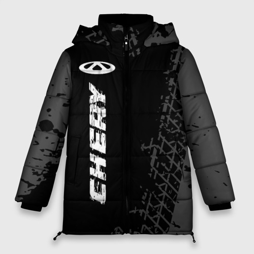 Женская зимняя куртка 3D с принтом Chery speed на темном фоне со следами шин: по-вертикали, вид спереди #2
