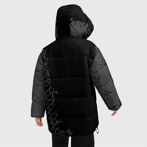Женская зимняя куртка 3D с принтом Chery speed на темном фоне со следами шин: по-вертикали, вид сзади #2