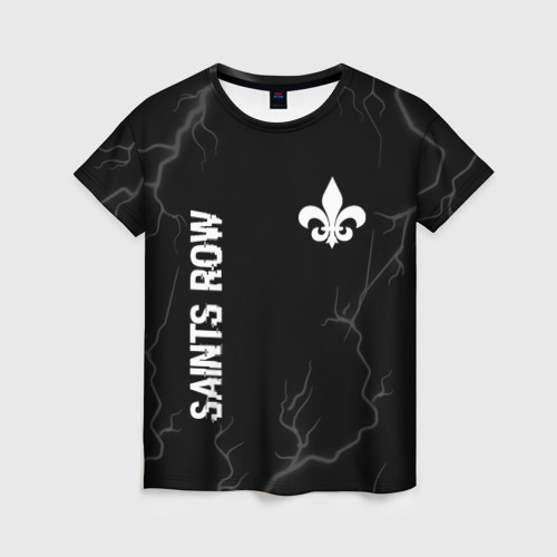 Женская футболка с принтом Saints Row glitch на темном фоне: надпись, символ, вид спереди №1
