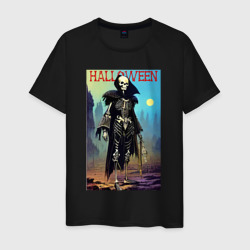 Мужская футболка хлопок Скелет в балахоне - хэллоуин - нейросеть