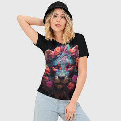 Женская футболка 3D Slim Львица в цветах - фото 2