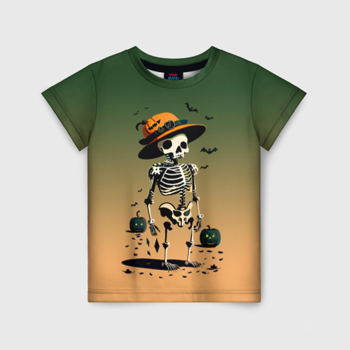 Детская футболка 3D с принтом Funny skeleton - halloween - neural network, вид спереди #2