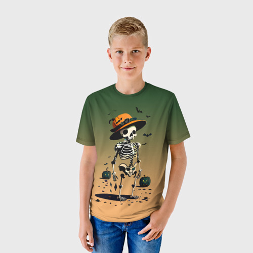 Детская футболка 3D с принтом Funny skeleton - halloween - neural network, фото на моделе #1