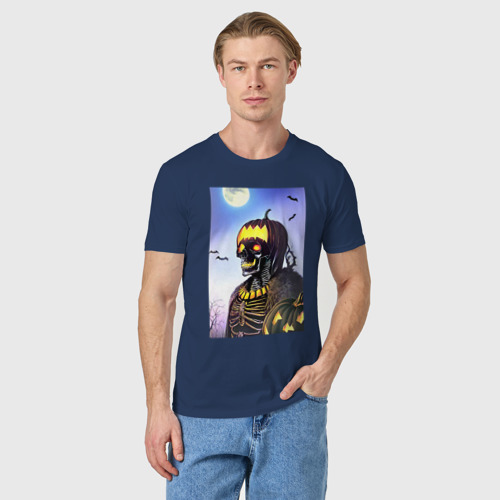 Мужская футболка хлопок Коллаба черепа и тыквы, цвет темно-синий - фото 3
