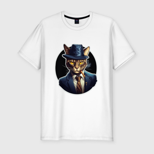 Мужская футболка хлопок Slim Кот в шляпе, цвет белый