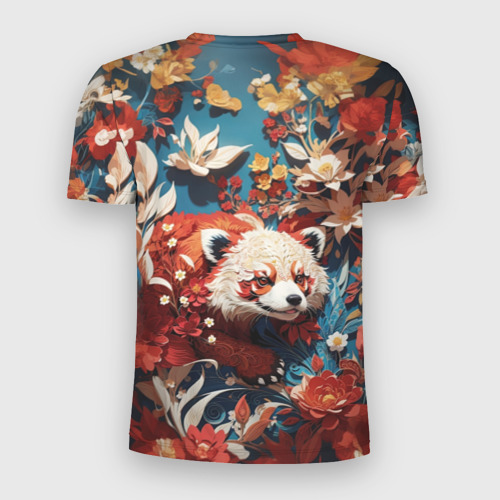 Мужская футболка 3D Slim с принтом Красная панда в цветах, вид сзади #1