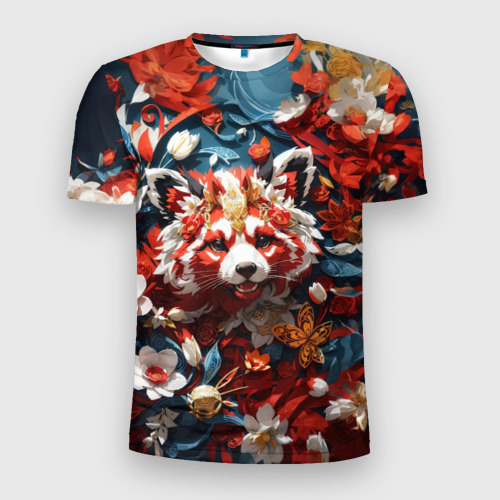 Мужская футболка 3D Slim с принтом Красная панда в цветах, вид спереди #2
