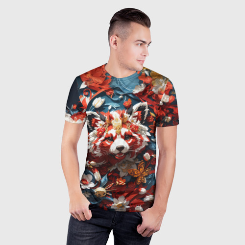 Мужская футболка 3D Slim с принтом Красная панда в цветах, фото на моделе #1