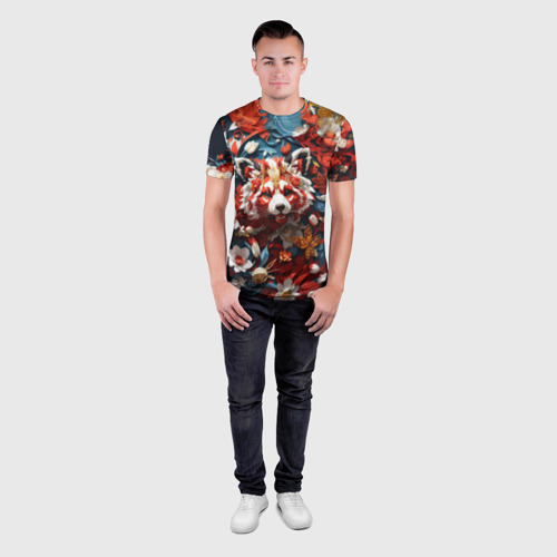 Мужская футболка 3D Slim с принтом Красная панда в цветах, вид сбоку #3
