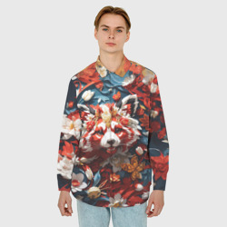 Мужская рубашка oversize 3D Красная панда в цветах - фото 2