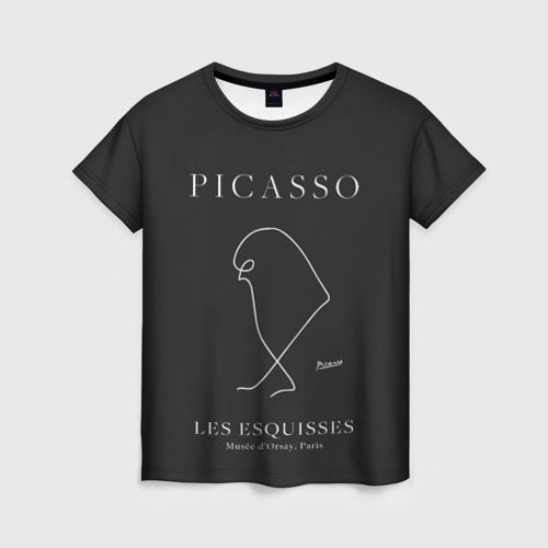 Женская футболка с принтом Птица на черном - Пабло Пикассо, вид спереди №1