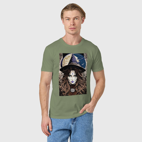 Мужская футболка хлопок с принтом Взгляд ведьмы - хэллоуин, фото на моделе #1