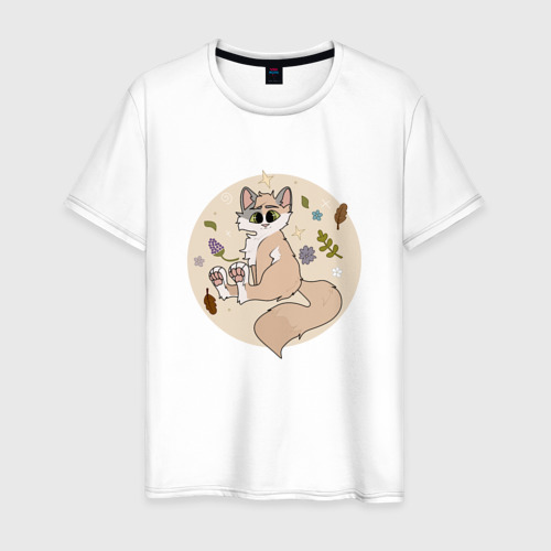 Мужская футболка из хлопка с принтом Лесной котик, вид спереди №1