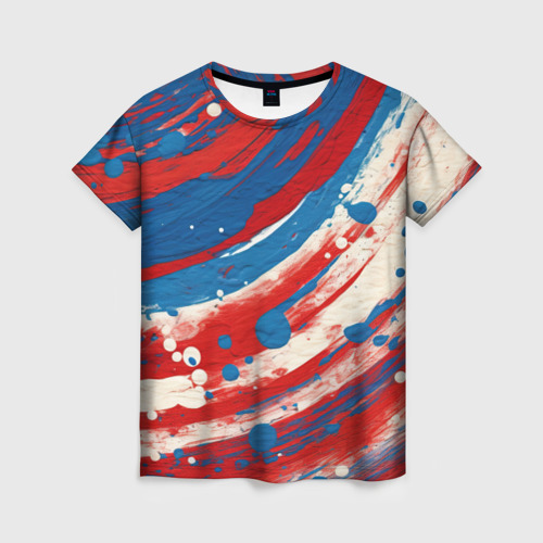 Женская футболка 3D с принтом Краски в цветах флага РФ, вид спереди #2