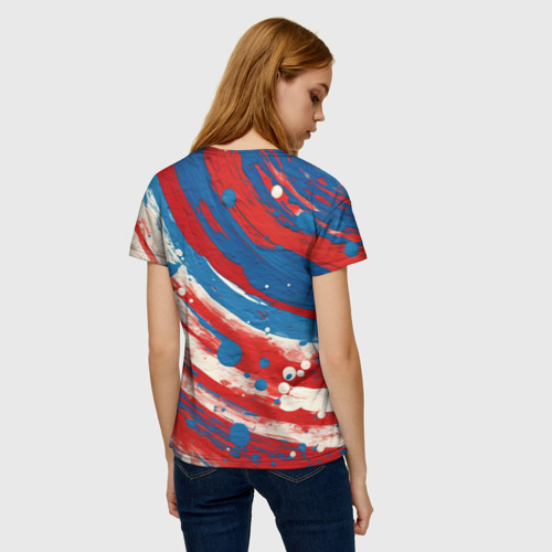 Женская футболка 3D с принтом Краски в цветах флага РФ, вид сзади #2