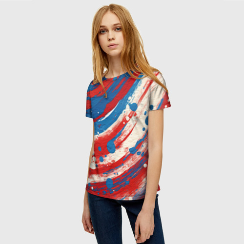 Женская футболка 3D с принтом Краски в цветах флага РФ, фото на моделе #1