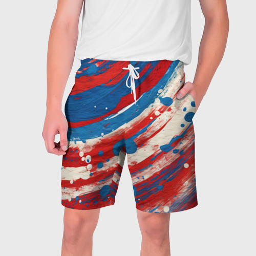 Мужские шорты 3D с принтом Краски в цветах флага РФ, вид спереди #2