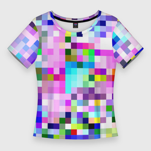 Женская приталенная футболка с принтом Пиксельная яркая абстракция, вид спереди №1