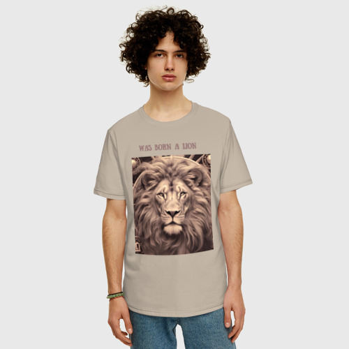 Мужская футболка хлопок Oversize Was born a lion, цвет миндальный - фото 3