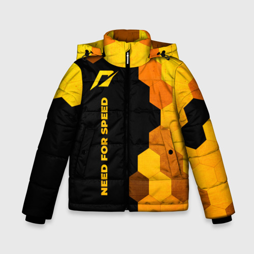 Зимняя куртка для мальчиков 3D с принтом Need for Speed - gold gradient: по-вертикали, вид спереди #2
