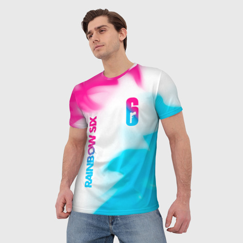 Мужская футболка 3D с принтом Rainbow Six neon gradient style: надпись, символ, фото на моделе #1