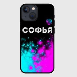 Чехол для iPhone 13 mini Софья и неоновый герб России: символ сверху