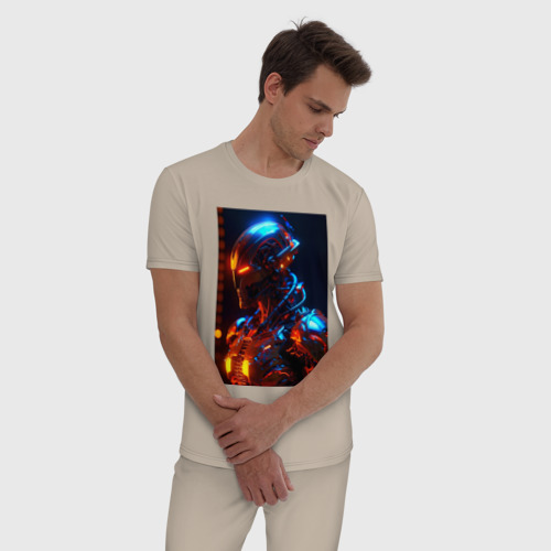 Мужская пижама хлопок Робот-пришелец от нейросети, цвет миндальный - фото 3