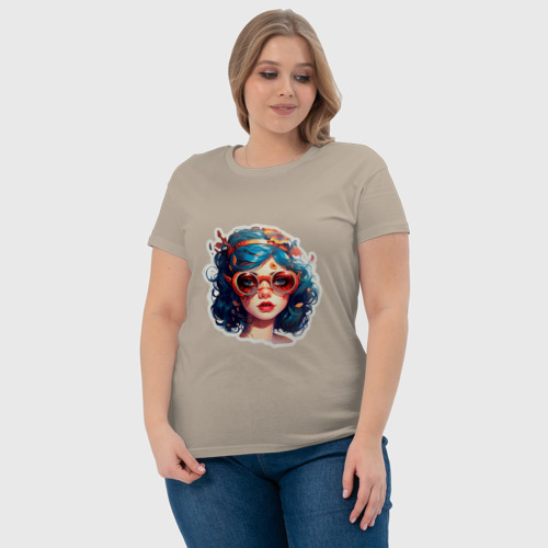 Женская футболка хлопок Яркая девушка в очках, цвет миндальный - фото 6