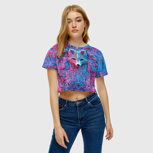 Женская футболка Crop-top 3D Лис из розово-голубых узоров, цвет 3D печать - фото 4