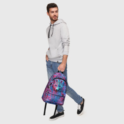 Рюкзак с принтом Лис из розово-голубых узоров для любого человека, вид спереди №5. Цвет основы: белый