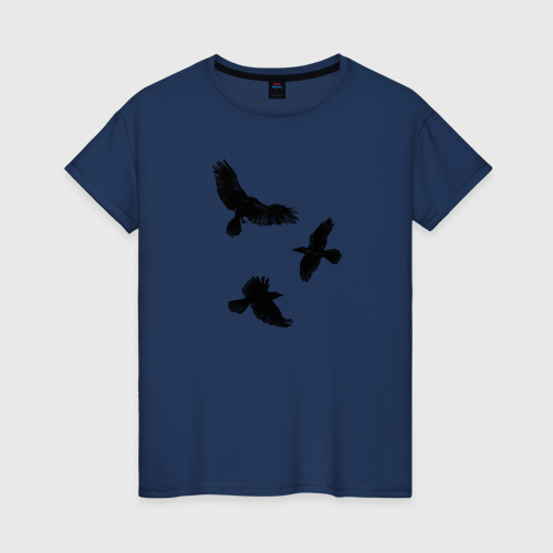 Женская футболка хлопок с принтом Птицы черные вороны, вид спереди #2