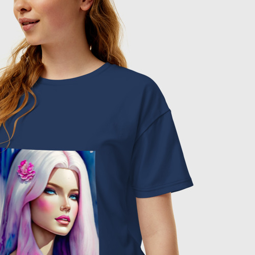 Женская футболка хлопок Oversize Барби с цветком, цвет темно-синий - фото 3