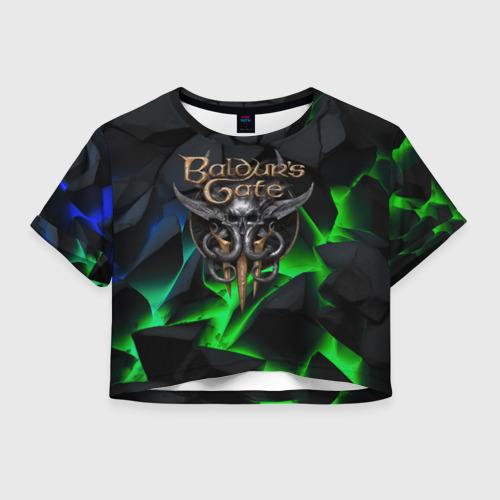 Женская футболка Crop-top 3D Baldurs Gate 3 black blue neon, цвет 3D печать