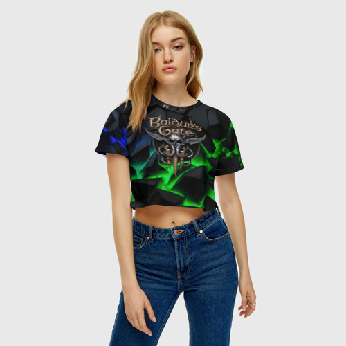 Женская футболка Crop-top 3D Baldurs Gate 3 black blue neon, цвет 3D печать - фото 3