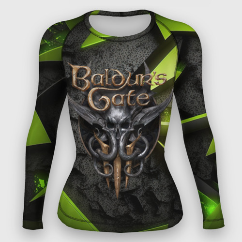 Женский рашгард с принтом Baldurs Gate 3  logo green abstract, вид спереди №1