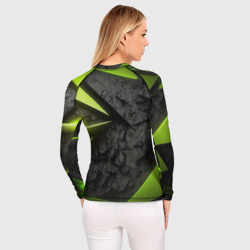 Рашгард с принтом Baldurs Gate 3  logo green abstract для женщины, вид на модели сзади №2. Цвет основы: белый