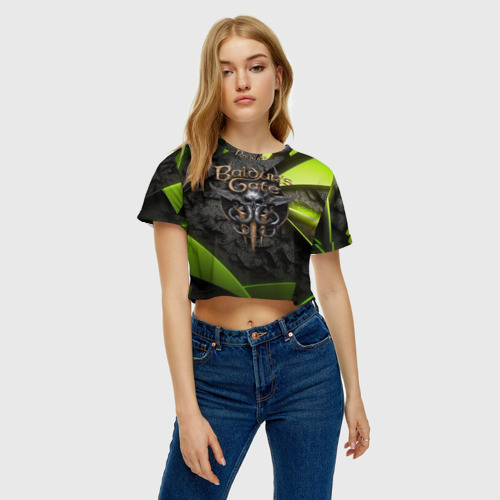 Женская футболка Crop-top 3D Baldurs Gate 3  logo green abstract, цвет 3D печать - фото 3