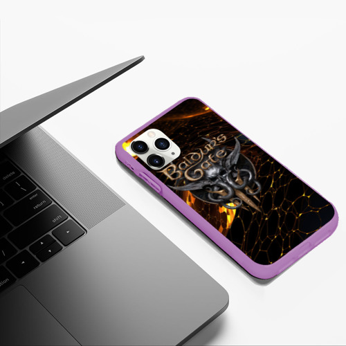 Чехол для iPhone 11 Pro Max матовый Baldurs Gate 3 logo gold and black, цвет фиолетовый - фото 5